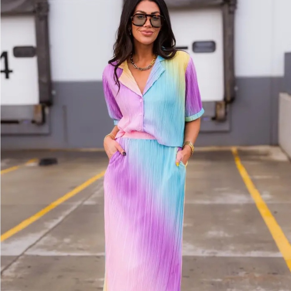 Dressed in LALA • Est La Vie Rainbow Stripe Two-Piece Shirt & Skirt Set